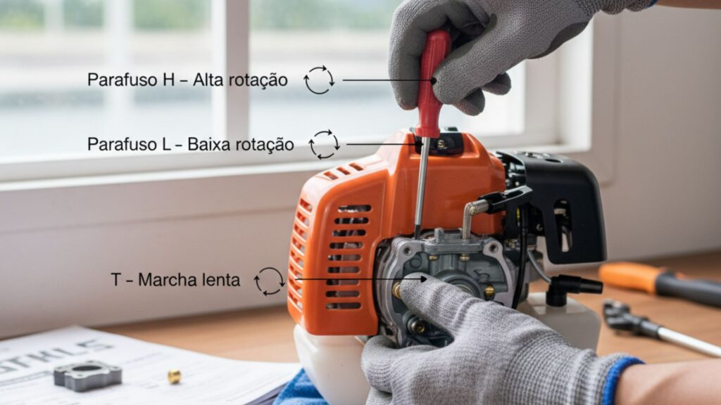 Técnico ajustando os parafusos H, L e T do carburador da roçadeira para regular a alta rotação, baixa rotação e marcha lenta.