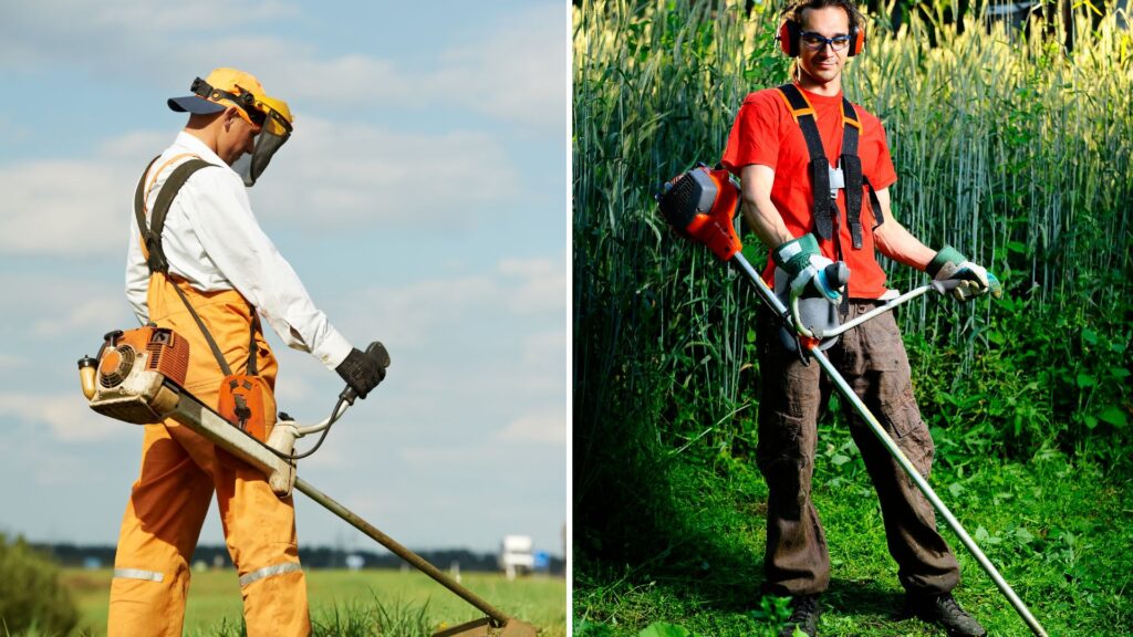 Dois operadores com roçadeira em áreas externas utilizando EPIs distintos; à esquerda, uniforme completo com viseira, à direita, luvas, óculos de proteção e protetor auricular — ilustrando práticas corretas de uso e conservação.