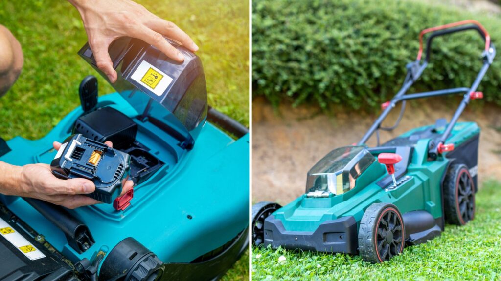 Detalhe do encaixe da bateria em um cortador de grama sem fio, representando um dos tipos de cortadores de grama mais modernos e práticos para uso doméstico.