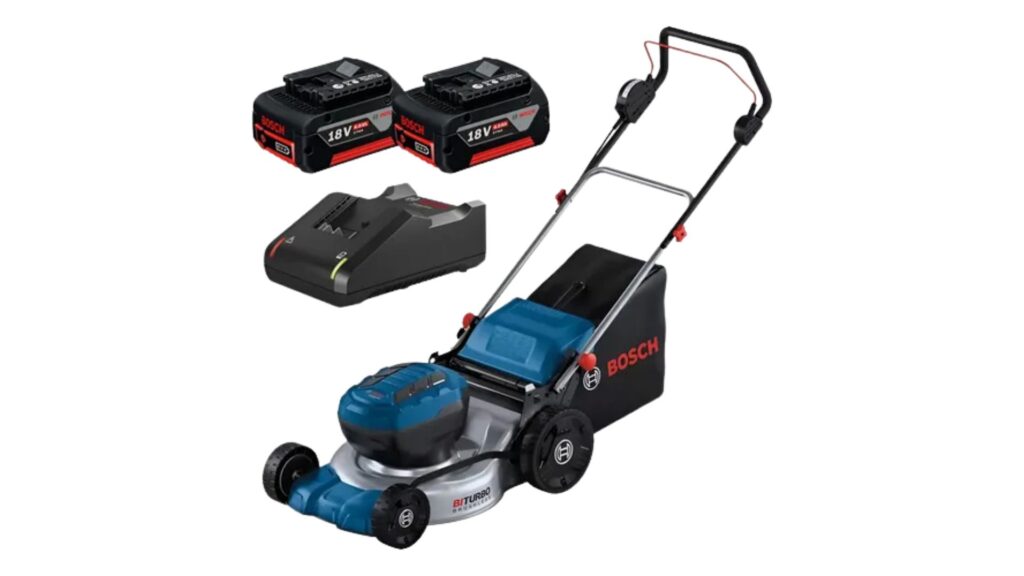 Cortador de grama Bosch GRA18V2-46 com baterias de 18V e carregador, ideal para uso profissional com autonomia estendida