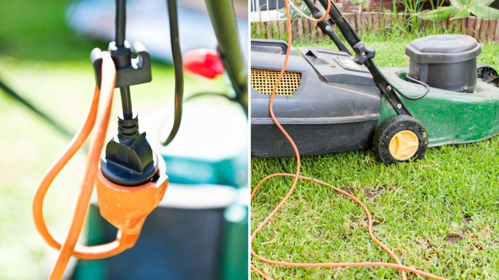 Detalhe do cabo de energia conectado a um cortador de grama elétrico, representando a necessidade de alimentação direta e o uso ideal em áreas pequenas e médias.