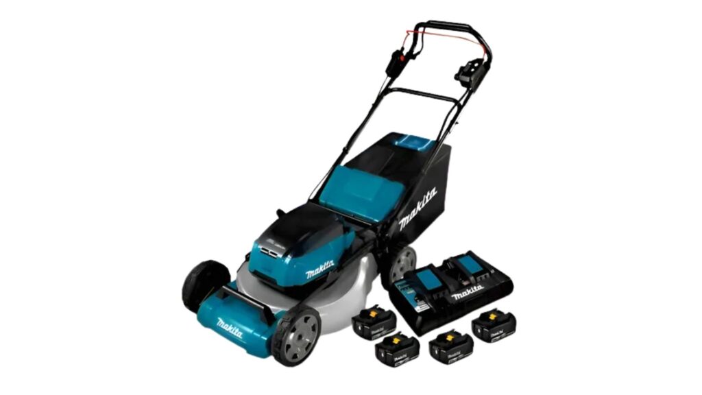Cortador de grama Makita DL-M382Z com conjunto de baterias e carregador, indicado para uso profissional com alta eficiência