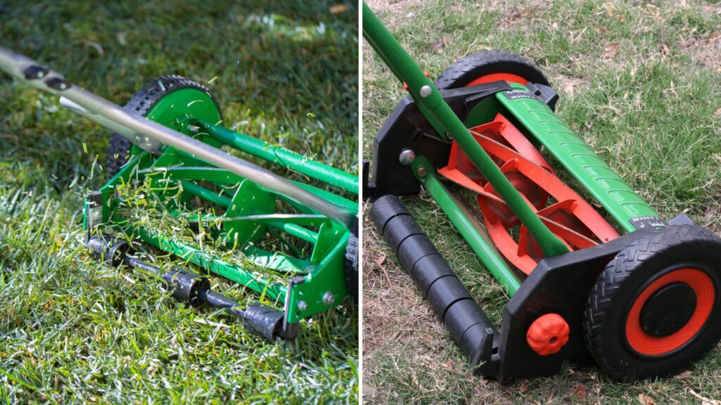 Cortador de grama manual elicoidal sendo utilizado em gramado, representando o tipo mais simples e ecológico entre os tipos de cortadores de grama.