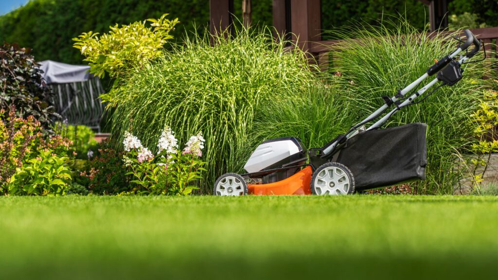 Cortador de grama profissional em operação em um jardim bem cuidado com vegetação ornamental e gramado aparado