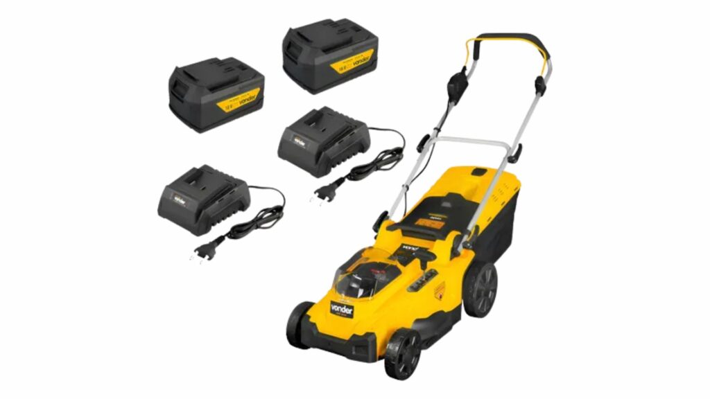 Cortador de grama Vonder 36V com duas baterias recarregáveis e dois carregadores, ideal para uso residencial com liberdade de movimento