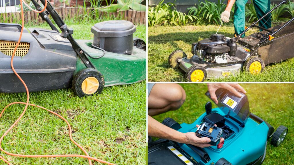 Cortadores de grama elétrico, a bateria e a gasolina posicionados em um gramado verde, representando diferentes opções de potência e autonomia para o corte da grama.