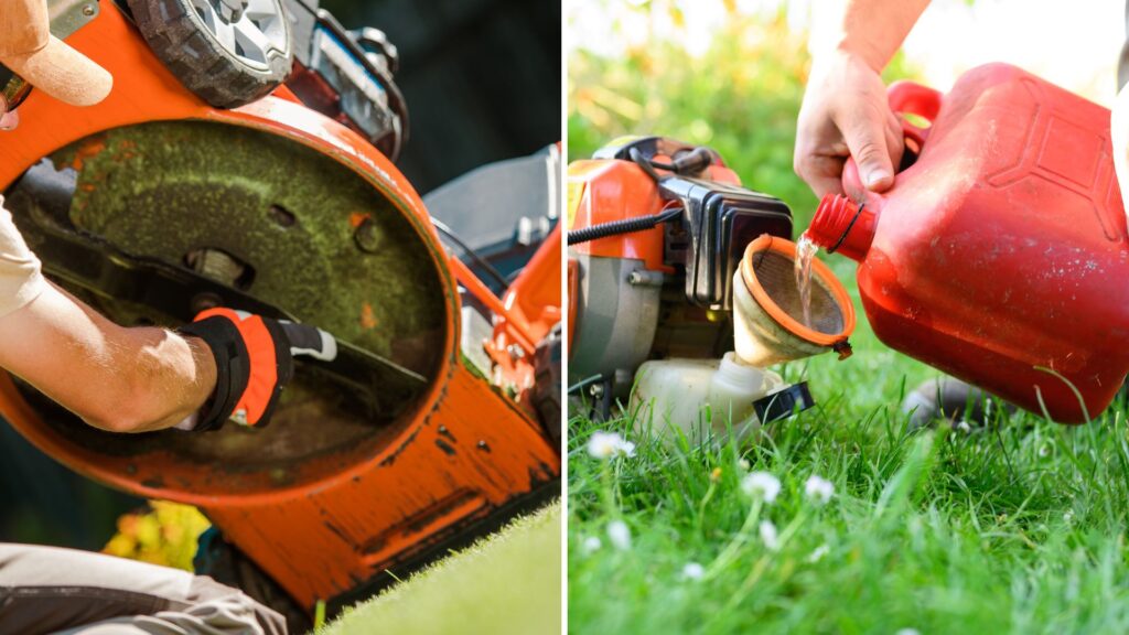 Homem realizando manutenção em ferramentas de jardinagem, afiando lâmina de cortador de grama e abastecendo roçadeira a gasolina.