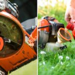 Homem realizando manutenção em ferramentas de jardinagem, afiando lâmina de cortador de grama e abastecendo roçadeira a gasolina.
