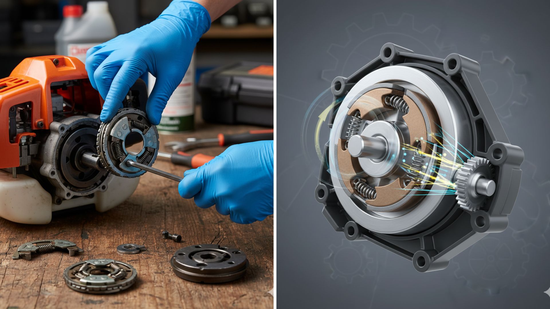 Detalhe da embreagem de uma roçadeira sendo removida durante a manutenção e visão técnica em corte da peça mostrando seu funcionamento interno.