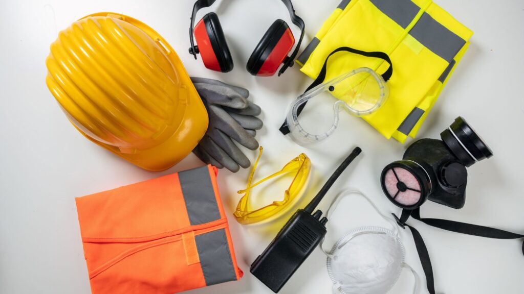 Equipamentos de proteção individual (EPI) sobre uma mesa branca: capacete amarelo, protetor auricular, luvas, óculos, respirador, colete refletivo e máscara, usados por operadores de roçadeira.