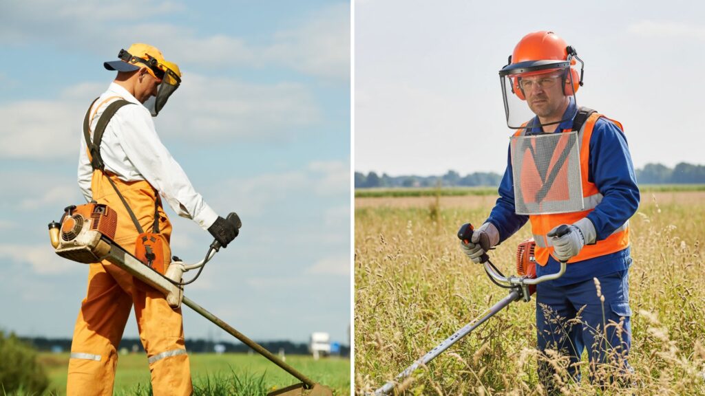Dois operadores utilizando EPI para roçadeira em campo aberto; um com uniforme laranja e outro com colete refletivo, capacete, viseira e luvas.