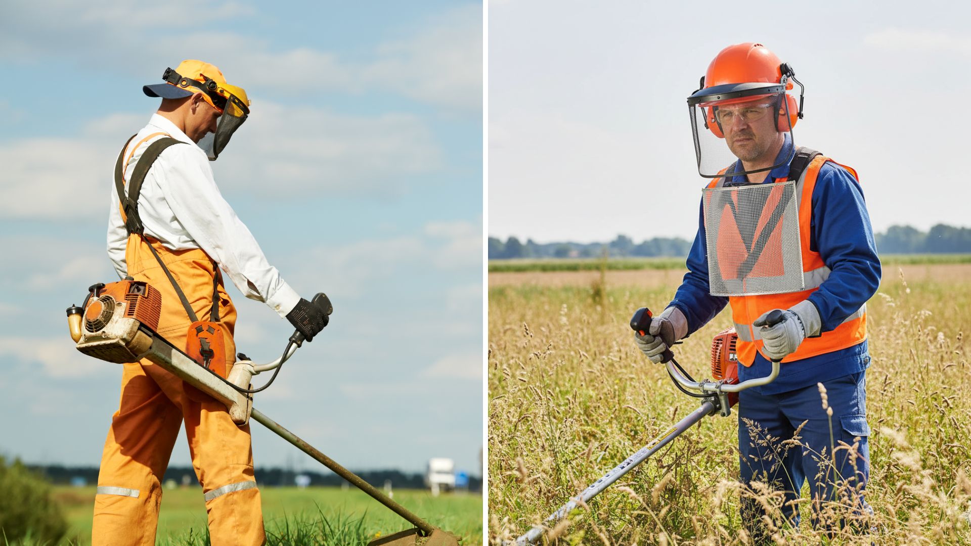 Dois operadores utilizando EPI para roçadeira em campo aberto; um com uniforme laranja e outro com colete refletivo, capacete, viseira e luvas.