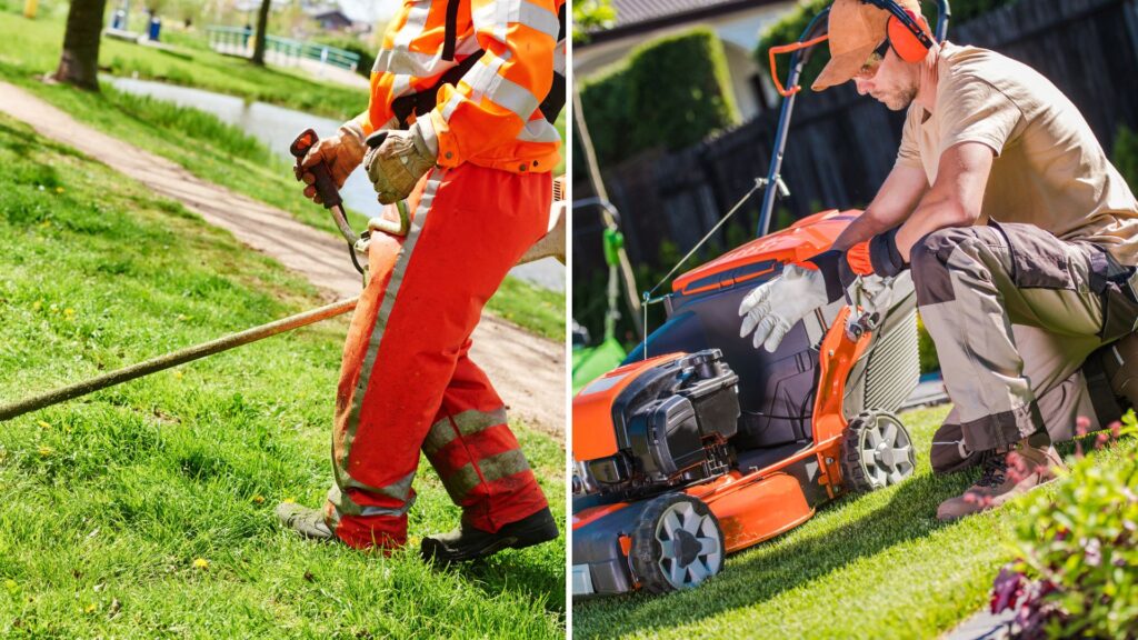 Jardineiros usando equipamentos de proteção individual com roçadeira e cortador de grama, mostrando a importância dos EPIs na jardinagem.