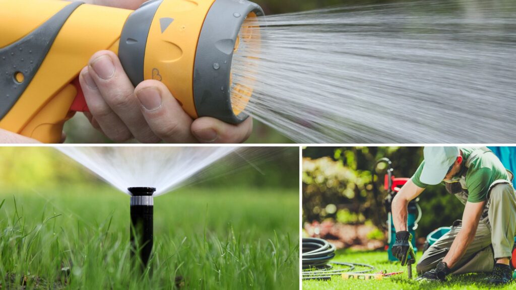 Equipamentos de irrigação de jardinagem, incluindo mangueira com esguicho, aspersor automático e instalação de sistema de irrigação em gramado.