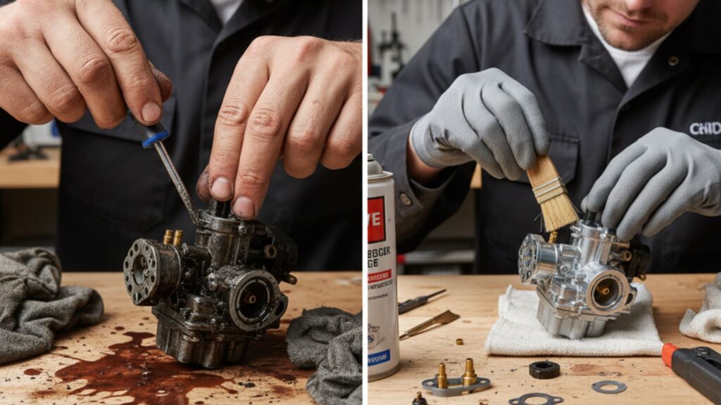 Comparativo entre manutenção incorreta e correta do carburador da roçadeira, mostrando um equipamento sujo sendo ajustado e outro limpo sendo preparado corretamente.