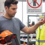 Homem escolhendo equipamentos de proteção individual (EPI) como abafador, capacete e luvas em loja especializada.