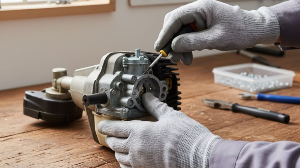 Técnico utilizando chave de fenda para ajustar componentes do carburador da roçadeira sobre a bancada de trabalho.