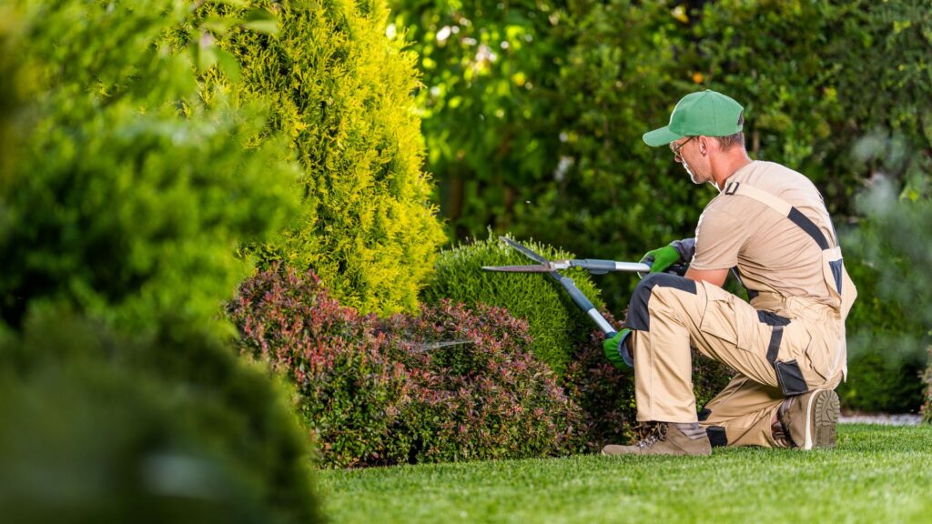 Homem cuidando de jardim com tesoura de poda, usando equipamentos de proteção e ferramentas de jardinagem.