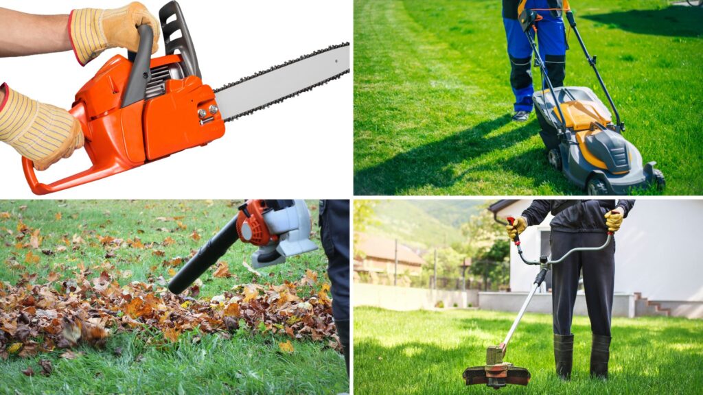 Conjunto de ferramentas de jardinagem para grandes áreas, incluindo roçadeira, cortador de grama, soprador de folhas e motosserra sendo utilizadas em gramado verde.