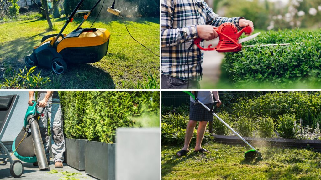 Uso de ferramentas elétricas de jardinagem, incluindo cortador de grama, aparador de cerca-viva, soprador e roçadeira em jardim de tamanho médio.