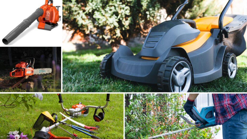 Conjunto de ferramentas elétricas e a gasolina para jardinagem, incluindo cortador de grama, roçadeira, motosserra, soprador e aparador de cerca-viva.