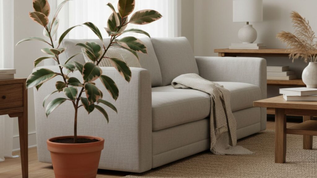Ficus Elastica Ruby em vaso de cerâmica ao lado de um sofá em sala moderna e aconchegante.