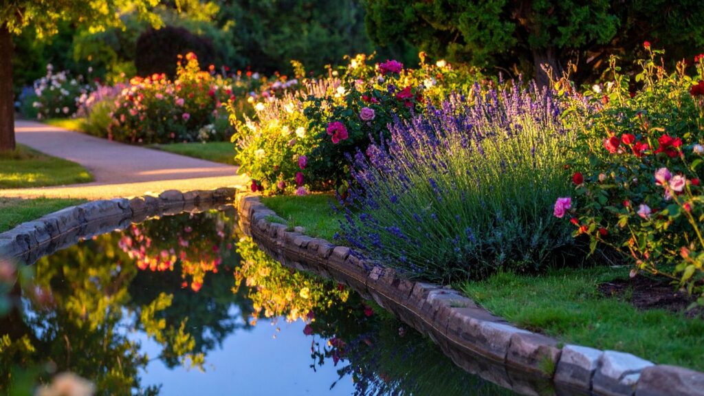 Canteiro de lavandas e roseiras à beira de um lago em jardim iluminado pelo pôr do sol, destacando o uso das flores lavanda no paisagismo e decoração natural.
