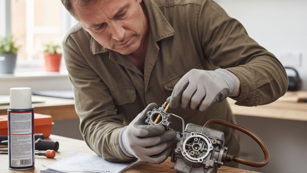 Técnico realizando a manutenção do carburador de uma roçadeira para garantir o bom desempenho do motor.