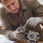 Técnico realizando a manutenção do carburador de uma roçadeira para garantir o bom desempenho do motor.