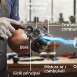 mecânico segurando carburador de roçadeira e mostrando como ocorre a entrada de combustível e mistura com ar