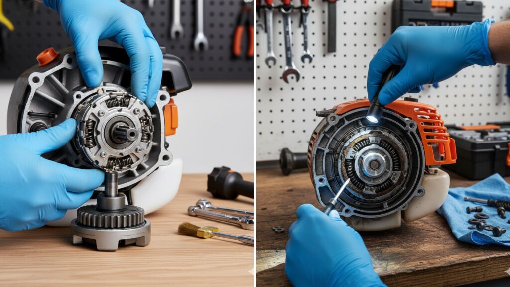 Técnico analisando o sistema de embreagem de uma roçadeira em bancada, observando componentes internos e investigando sinais de falhas com ferramentas e lanterna.