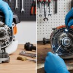 Técnico analisando o sistema de embreagem de uma roçadeira em bancada, observando componentes internos e investigando sinais de falhas com ferramentas e lanterna.