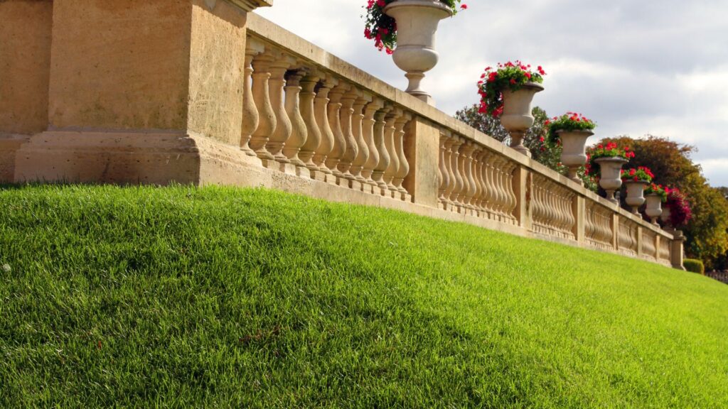 Terreno gramado com inclinação acentuada e muro de pedra com vasos de flores, representando áreas que exigem o uso de um cortador de grama para terrenos irregulares com tração e estabilidade para superar desníveis e obstáculos.