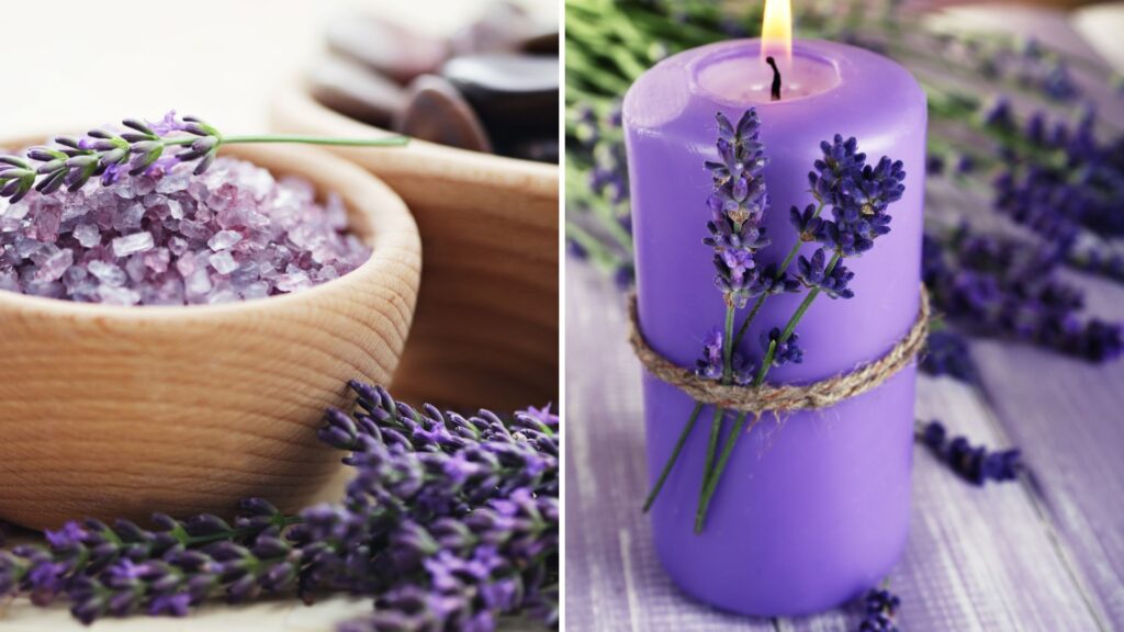 Produtos naturais com flores lavanda — sal de banho aromático e vela lilás decorada — simbolizando o uso da lavanda na aromaterapia e cosmética natural.