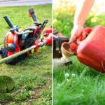 Manutenção e abastecimento de roçadeira a gasolina sendo realizada em área verde, com equipamentos de proteção ao lado.