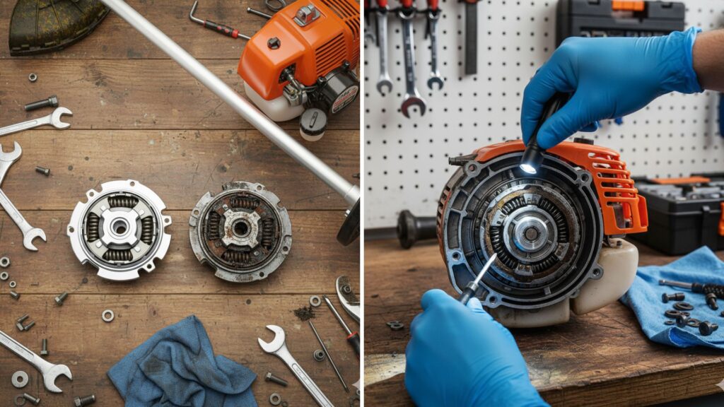 inspeção e manutenção preventiva da embreagem de roçadeira em bancada, comparando peça nova e desgastada