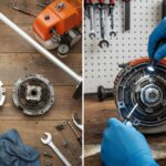 inspeção e manutenção preventiva da embreagem de roçadeira em bancada, comparando peça nova e desgastada