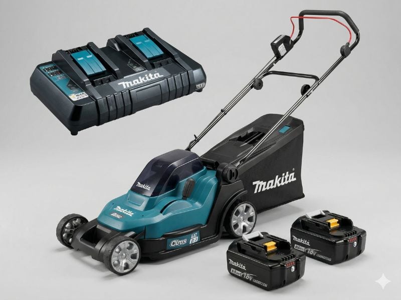 Makita DLM432Z com duas baterias e carregador em kit completo, destaque entre os melhores cortadores de grama a bateria para uso residencial e médio