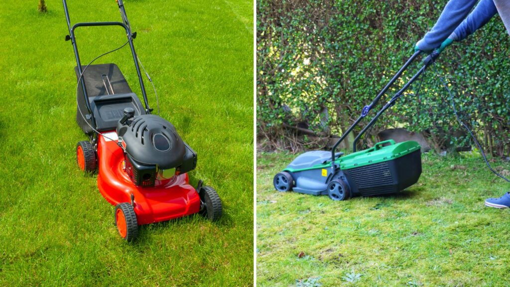 Comparativo entre cortador de grama com cesto rígido e modelo com coletor flexível.