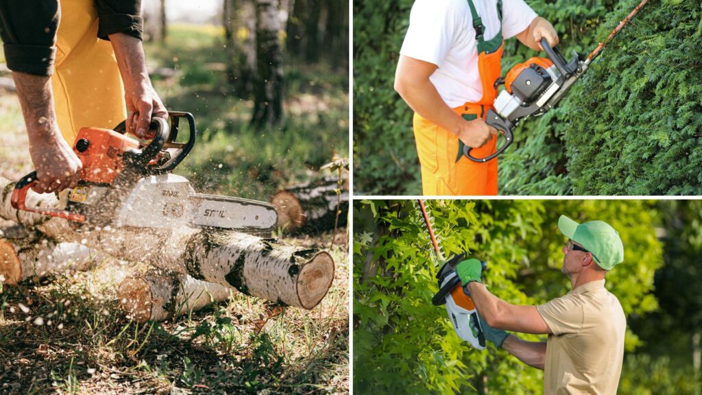 Profissionais utilizando motosserra e aparador de cerca-viva para podar árvores e modelar arbustos, garantindo cortes precisos e acabamento profissional no jardim.