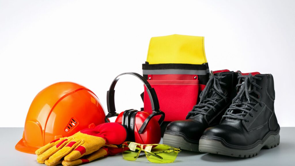 EPIs sobre superfície cinza: capacete laranja, luvas de segurança, protetor auricular, óculos de proteção, botas de segurança e colete refletivo — usados conforme as NRs 6, 12 e 31 para operadores de roçadeira.