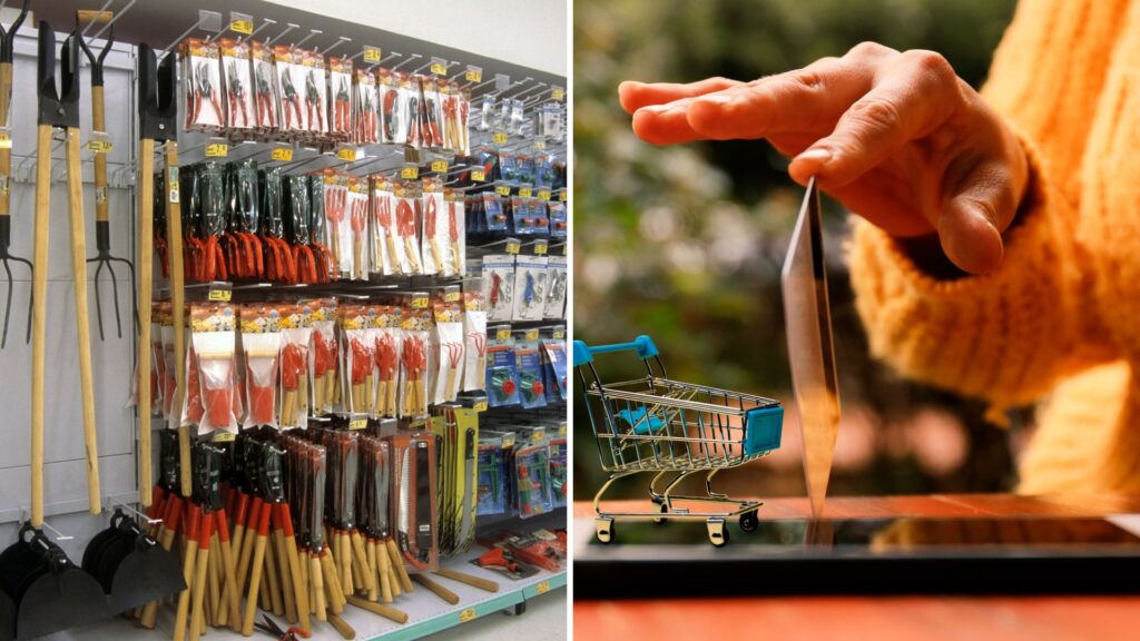 Ferramentas de jardinagem expostas em loja física e pessoa realizando compra online com cartão de crédito, representando diferentes formas seguras de adquirir equipamentos de jardinagem.