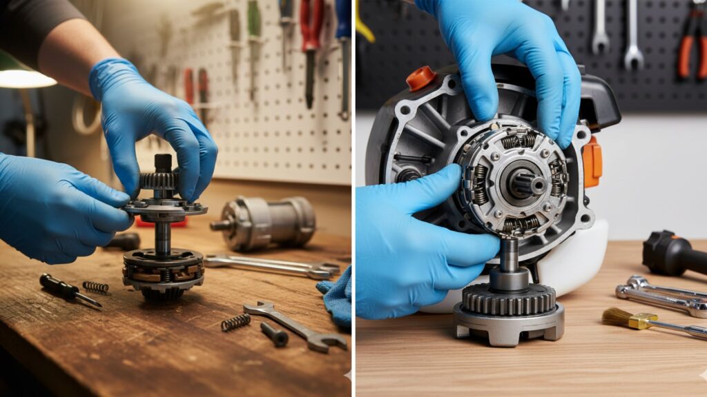 Técnico realizando a troca da embreagem de uma roçadeira com segurança, utilizando luvas e ferramentas adequadas.