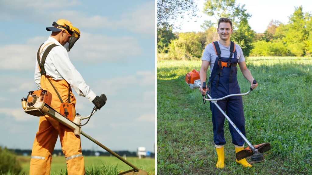 profissionais utilizando roçadeira em campo com equipamentos adequados de segurança-embreagem da roçadeira