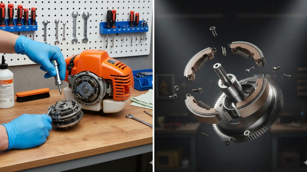 Processo de substituição da embreagem da roçadeira e visual detalhado das peças desmontadas do sistema.