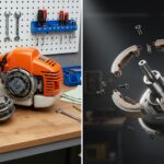 Processo de substituição da embreagem da roçadeira e visual detalhado das peças desmontadas do sistema.