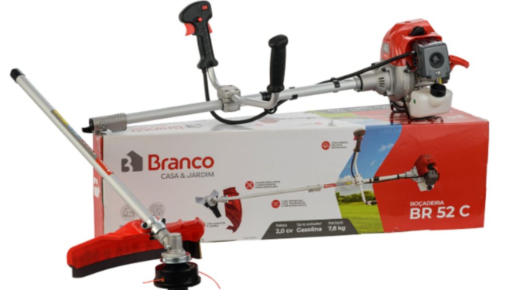 Roçadeira a gasolina Branco BR 52C em destaque, com motor de 52 cm³ e tubo bipartido — ideal para quem busca potência e economia ao escolher qual a melhor roçadeira a gasolina para uso residencial ou semiprofissional.