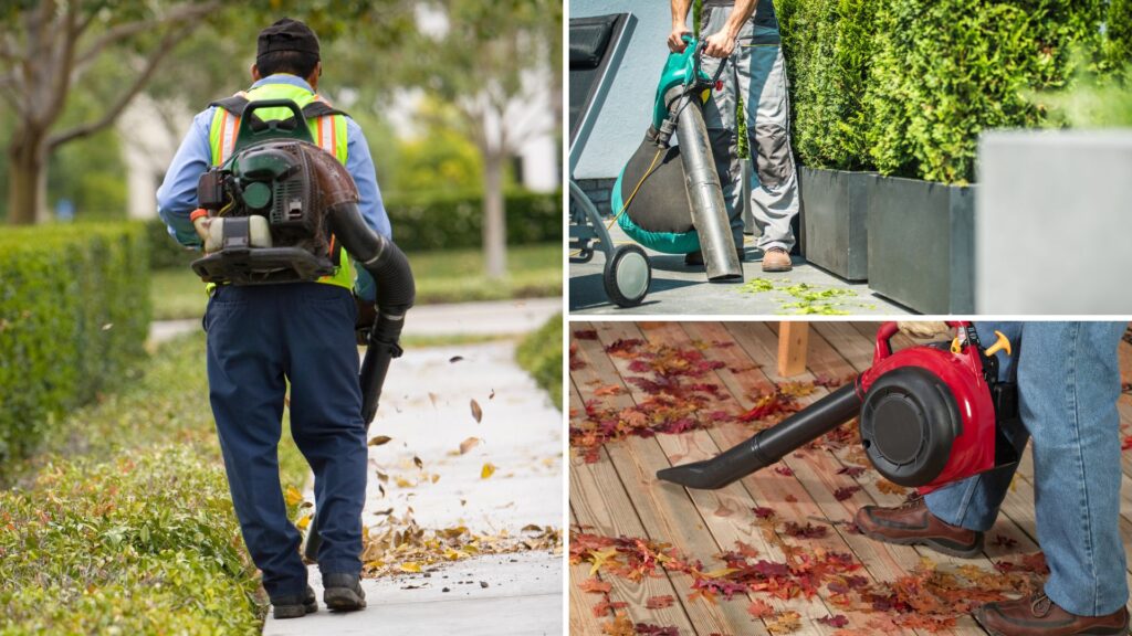 Profissionais utilizando sopradores e aspiradores de folhas em diferentes tipos de áreas, removendo folhas secas e resíduos do gramado, calçadas e decks de madeira.