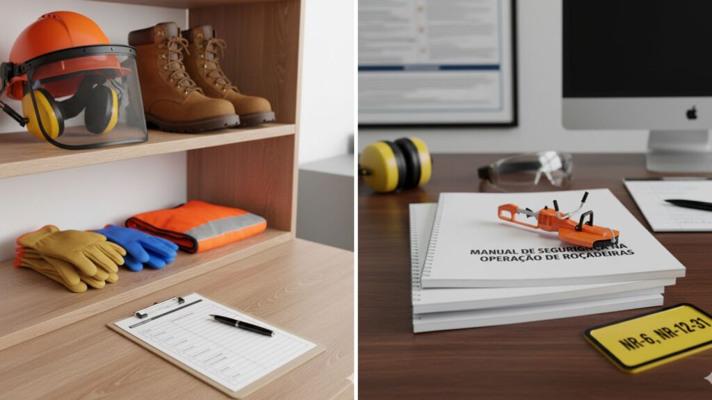 Imagem dividida: à esquerda, EPIs organizados em prateleira com capacete, luvas, botas e colete; à direita, manual de segurança para roçadeiras com miniatura da máquina e placa com NR-6, NR-12, NR-31.