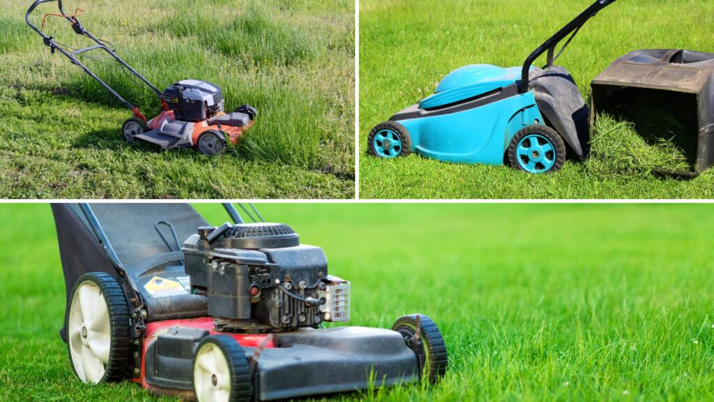 Comparativo visual de cortadores de grama com tração, recolhedor e saída lateral, mostrando as diferenças entre os principais tipos de corte e descarte de resíduos.